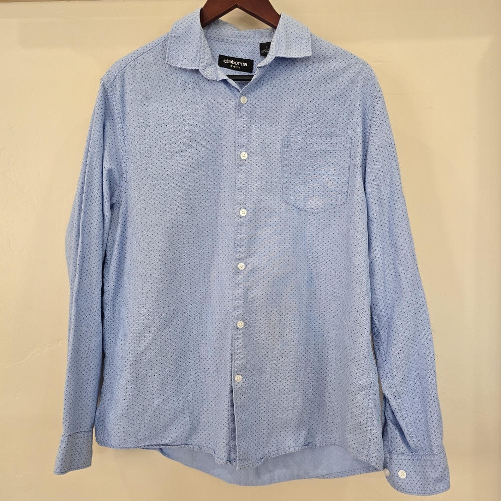 Men's Claiborne Stretch Size L Blue Button Up Long Sleeve Dress Shirt